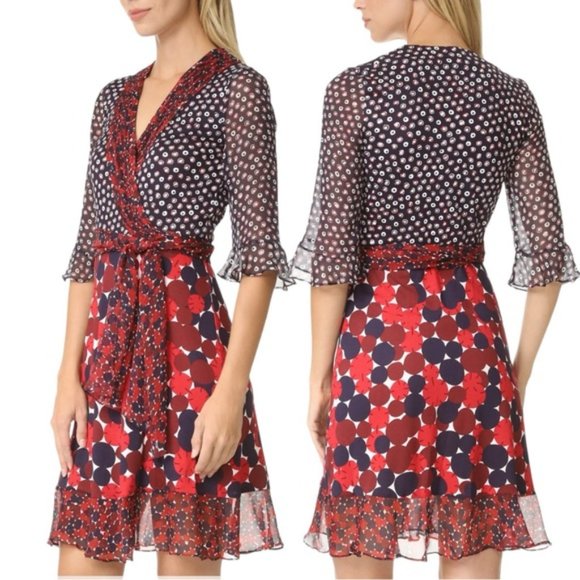 DVF Diane von Furstenberg Nieves Scarf Wrap Dress Size 10 Red Navy - Picture 16 of 16
